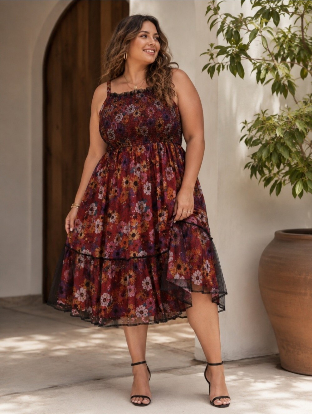 TORRID Smocked Dark Floral Mesh Tiered Midi Dress Boho Romantic Whimsigoth